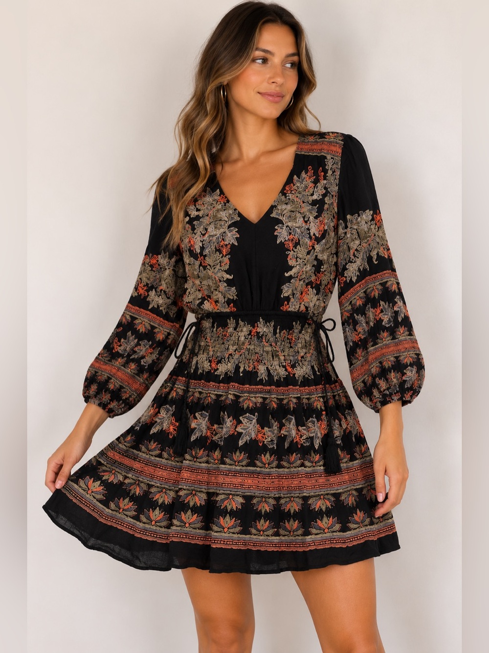 Free People Black Boho Floral Mini Dress Small Rayon